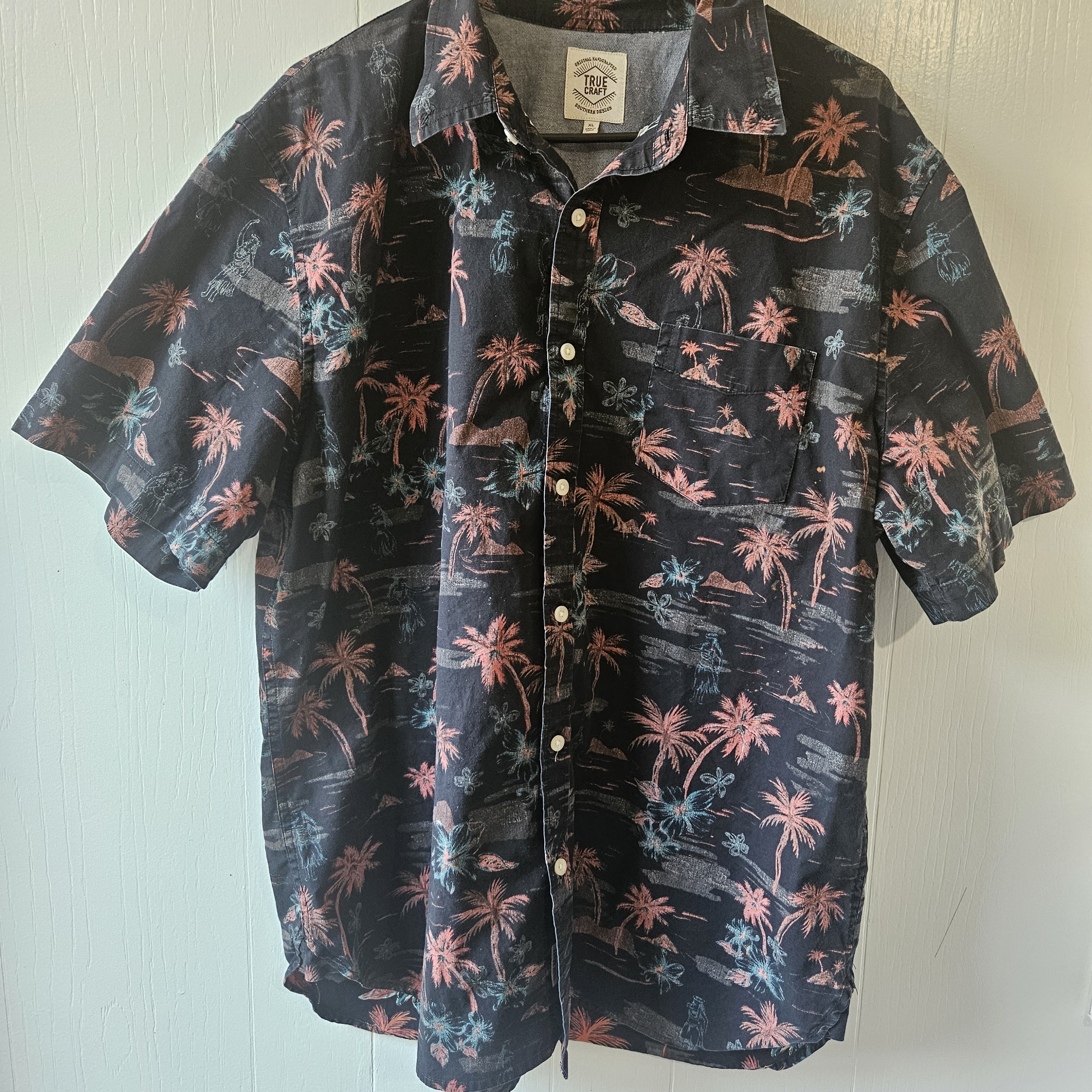 Tropical Palm Short-Sleeve Shirt - Black With Pink & Teal Print